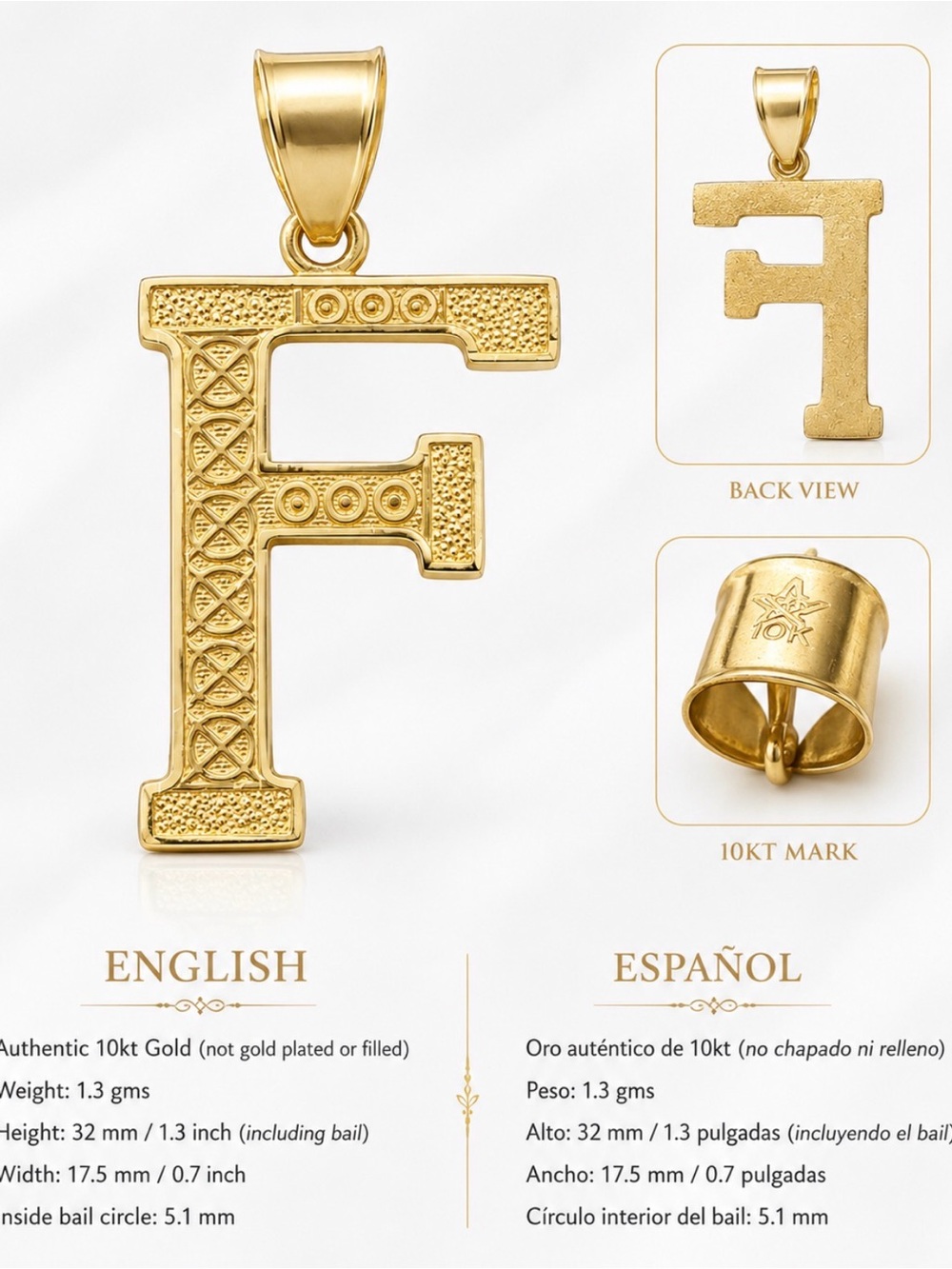 10kt Gold Letter F Pendant Necklace - 10K Initial F Charm
